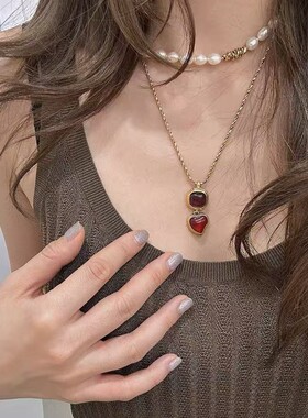 欧美ins高级感爱心方块吊坠几何项链女复古彩色天然石拼色毛衣链