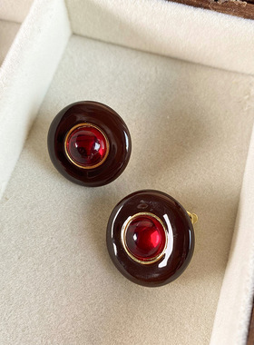 赫本风珐琅彩安哥拉红色绿色白色黑色圆形耳钉复古vintage风度假