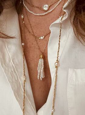 欧美ins珍珠太阳石麦穗流苏吊坠项链女法式轻奢天然石串珠毛衣链