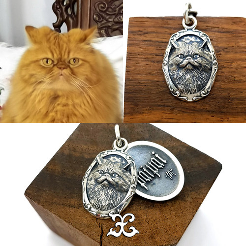 照片定制纯银镶金银铜爪猫狗宠物造型立体浮雕头像吊牌挂坠可订做 - 图0