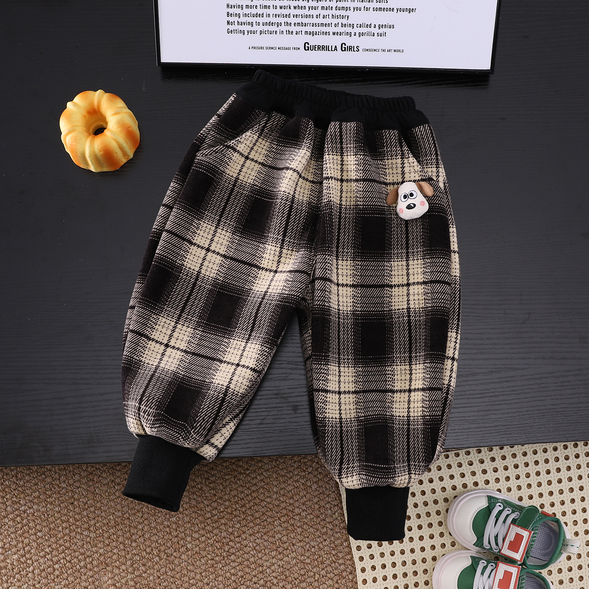 男童加绒裤子秋冬款外穿儿童运动休闲裤一体绒卫裤宝宝加厚格子裤 - 图0