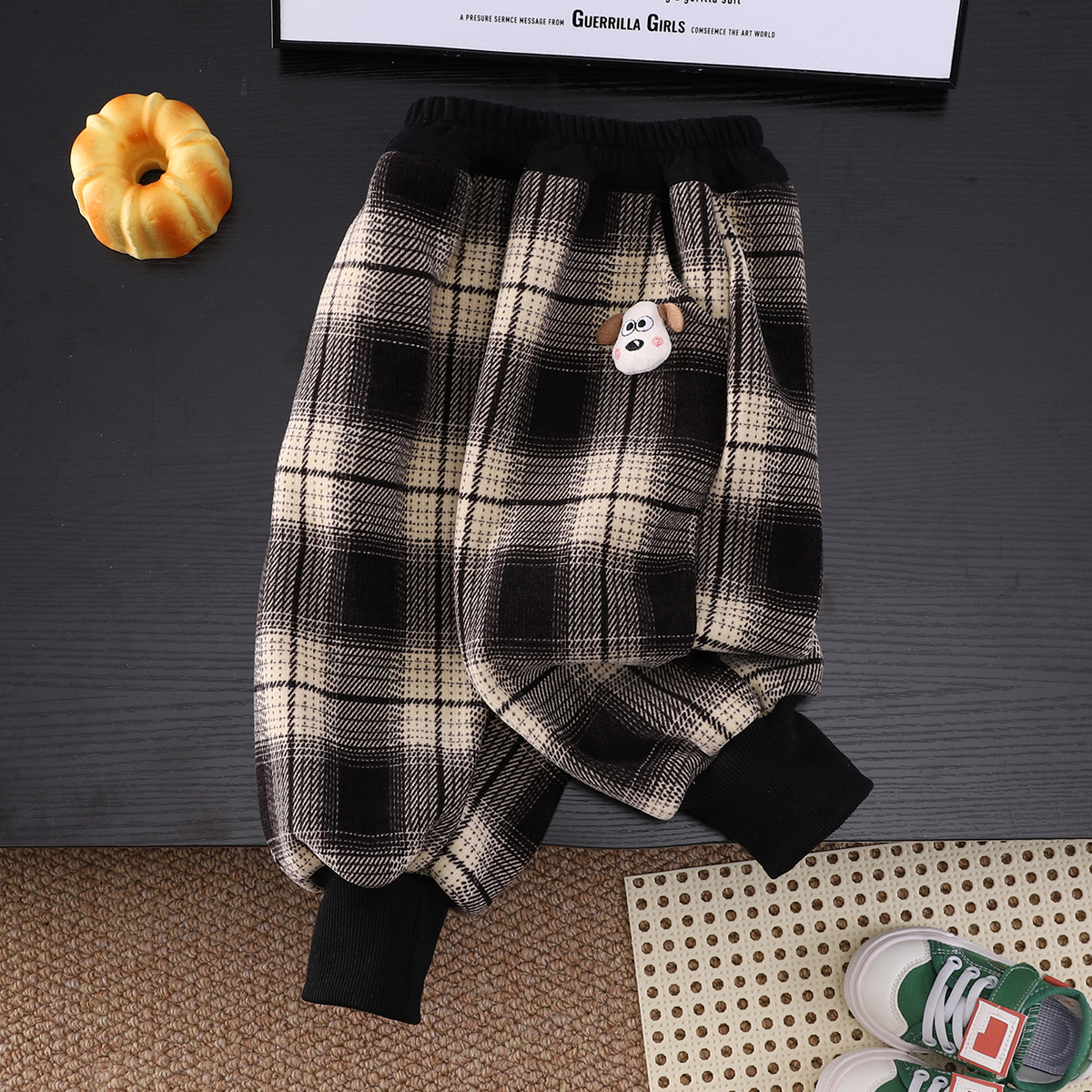 男童加绒裤子秋冬款外穿儿童运动休闲裤一体绒卫裤宝宝加厚格子裤 - 图1