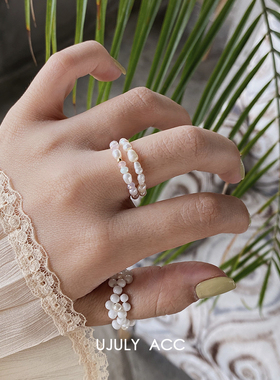 韩国水晶天然串珠弹力可调节戒指