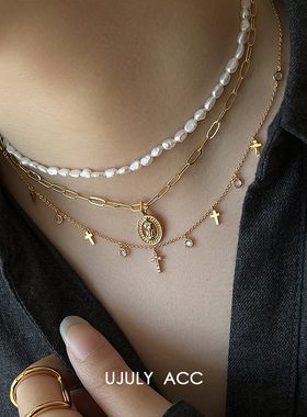 韩国十字架锆石人像珍珠项链颈链