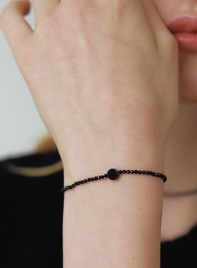 天然黑玛瑙尖晶石串珠纯银手链