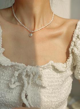 天然纽扣珍珠长米粒珍珠项链锁