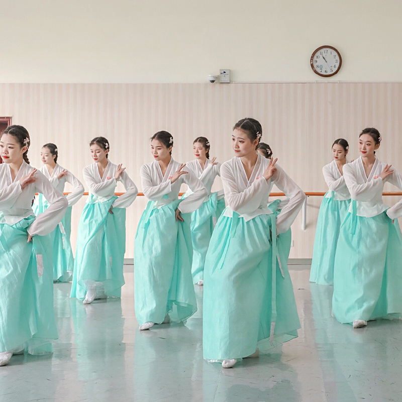 朝鲜民族仙女舞蹈服装舞台表演出课堂练习艺考套装练功连衣裙韩服-图0