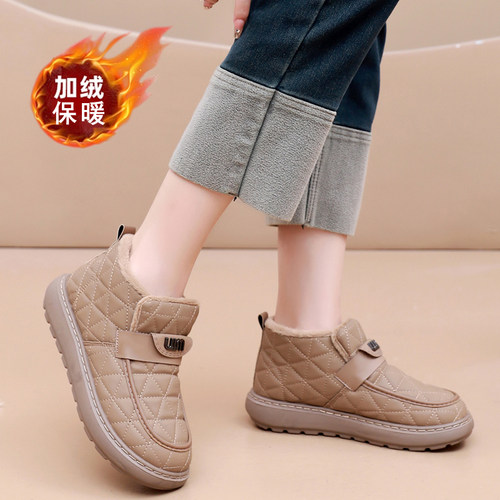 冬季新款雪地靴女厚底加绒短靴老北京布鞋女棉鞋皮面保暖靴子女鞋 - 图1