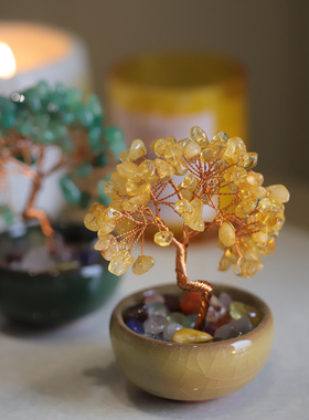 陶瓷花盆铜树枝黄水晶发财树摆件