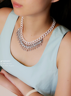 法式小众复古钻饰流苏项链英国AS0S超显气质的白色锁链项链短款女