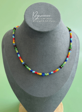 日单泫雅风陶瓷米珠+琉璃小圆珠多巴胺彩虹色串珠短项链女锁骨链