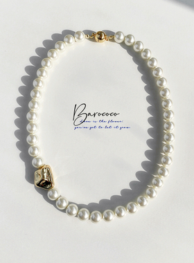 欧洲小众设计师法式简约高级感CCB不规则金属块琉璃珍珠短项链女