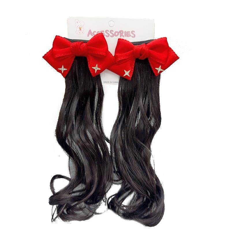儿童新年红自然黑波浪卷仿真假发头饰蝴蝶结对夹小女孩洋气高马尾,淘宝优惠券,粉丝福利购,淘宝优惠卷