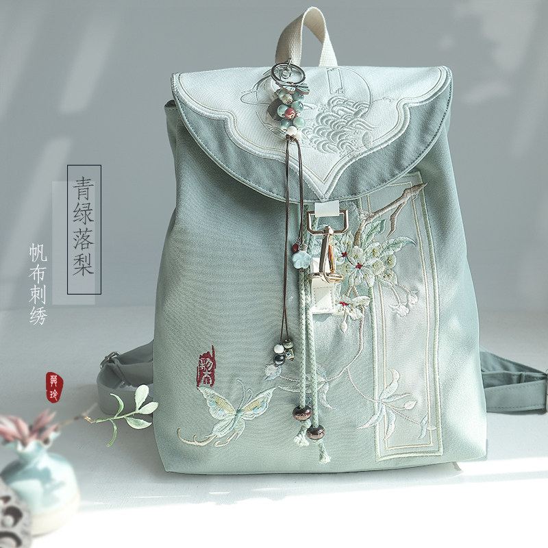 15寸书包原创复古中式古风汉服文艺刺绣拉链抽绳帆布电脑双肩背包