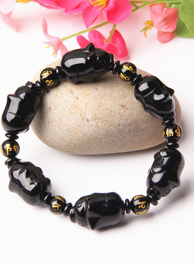 博语天然黑曜石六个小猪手链手串