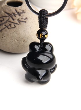 天然黑曜石水晶兔子挂件钥匙扣