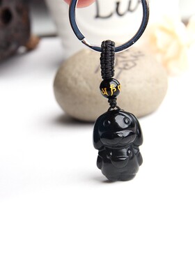 天然黑曜石小狗钥匙扣挂坠