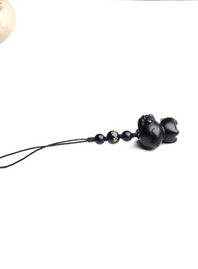 博语天然黑曜石小羊手机挂件