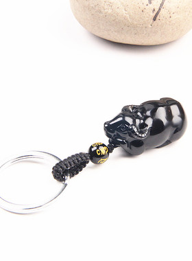 天然黑曜石牛钥匙扣生肖牛水晶牛