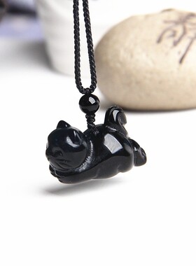 天然黑曜石猫项链趴趴猫挂件