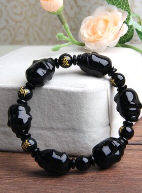 天然水晶手链天然黑曜石猪手链