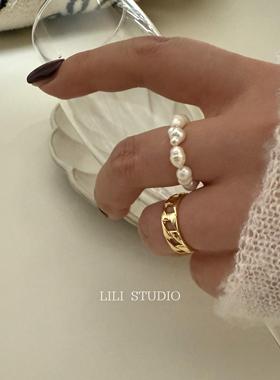 珍珠链条三件套开口指环戒指女