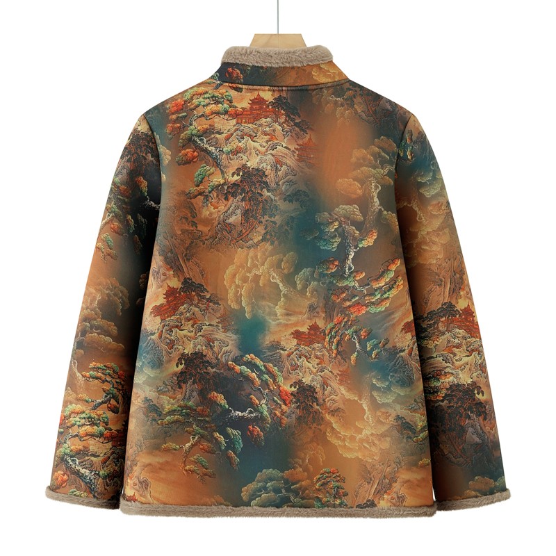大码女装山水印花立领洋气棉服中老年妈妈加绒加厚棉袄老太太外套 - 图0