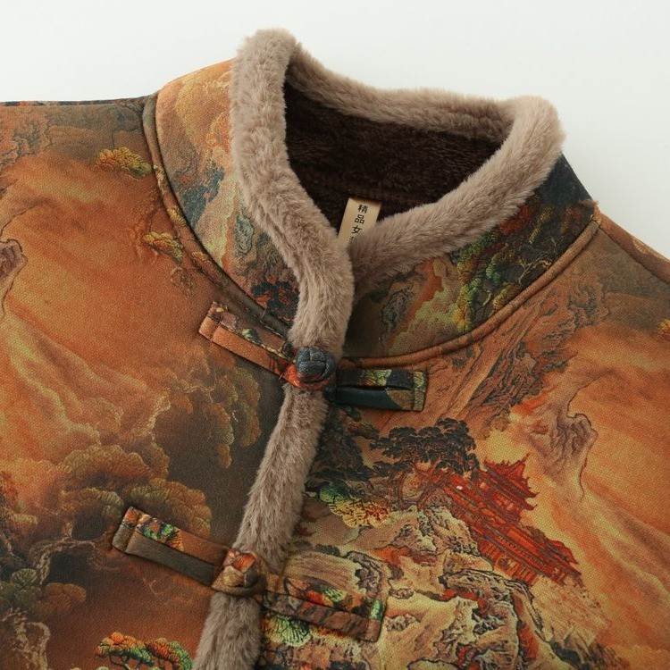 大码女装山水印花立领洋气棉服中老年妈妈加绒加厚棉袄老太太外套 - 图2