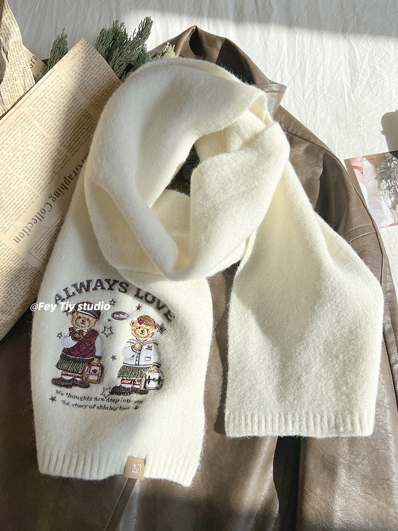 韩国ins新款刺绣学院风小熊针织围巾女秋冬季保暖百搭日系仿羊绒,淘宝优惠券,粉丝福利购,淘宝优惠卷
