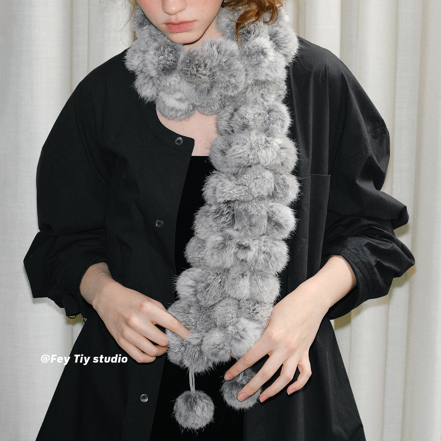 feytiy 兔毛球球围巾~冬季新款千禧年保暖皮草毛毛围脖百搭浅灰,淘宝优惠券,粉丝福利购,淘宝优惠卷
