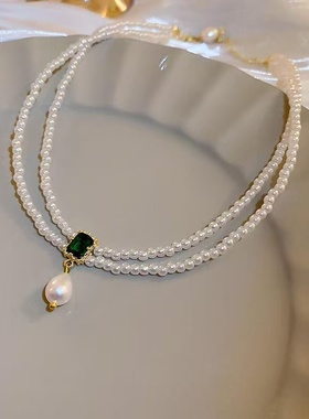【GROW UP】轻奢双层珍珠项链女复古水晶吊坠精致锁骨链高级感