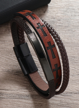 饰品印花十字男士皮质编织磁铁扣手链 日常佩戴送礼百搭简约手环