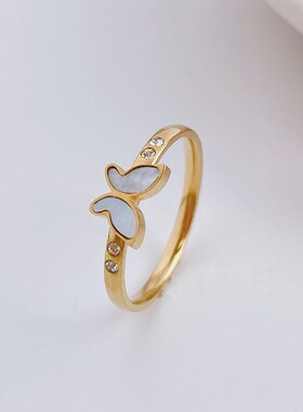 钛钢白贝蝴蝶时尚戒指ring女戒不