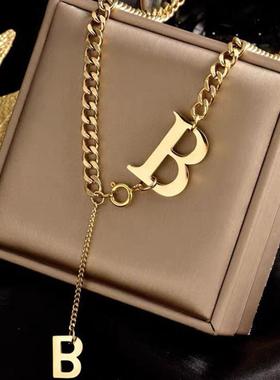 欧美不锈钢项链女钛钢嘻哈字母B