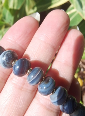 蓝沁缠丝玛瑙老邦提克手串非青蛙皮老琉璃