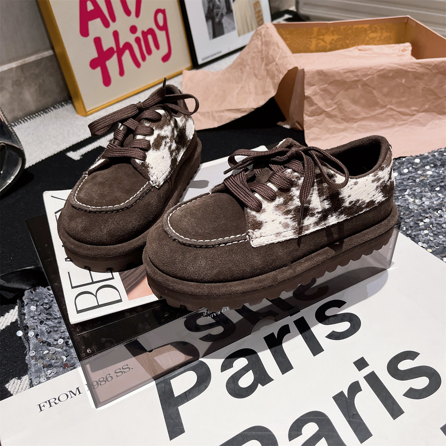 真皮马毛版~欧货系带大头豹纹休闲鞋板鞋勃肯鞋平底德训加绒女鞋 - 图2