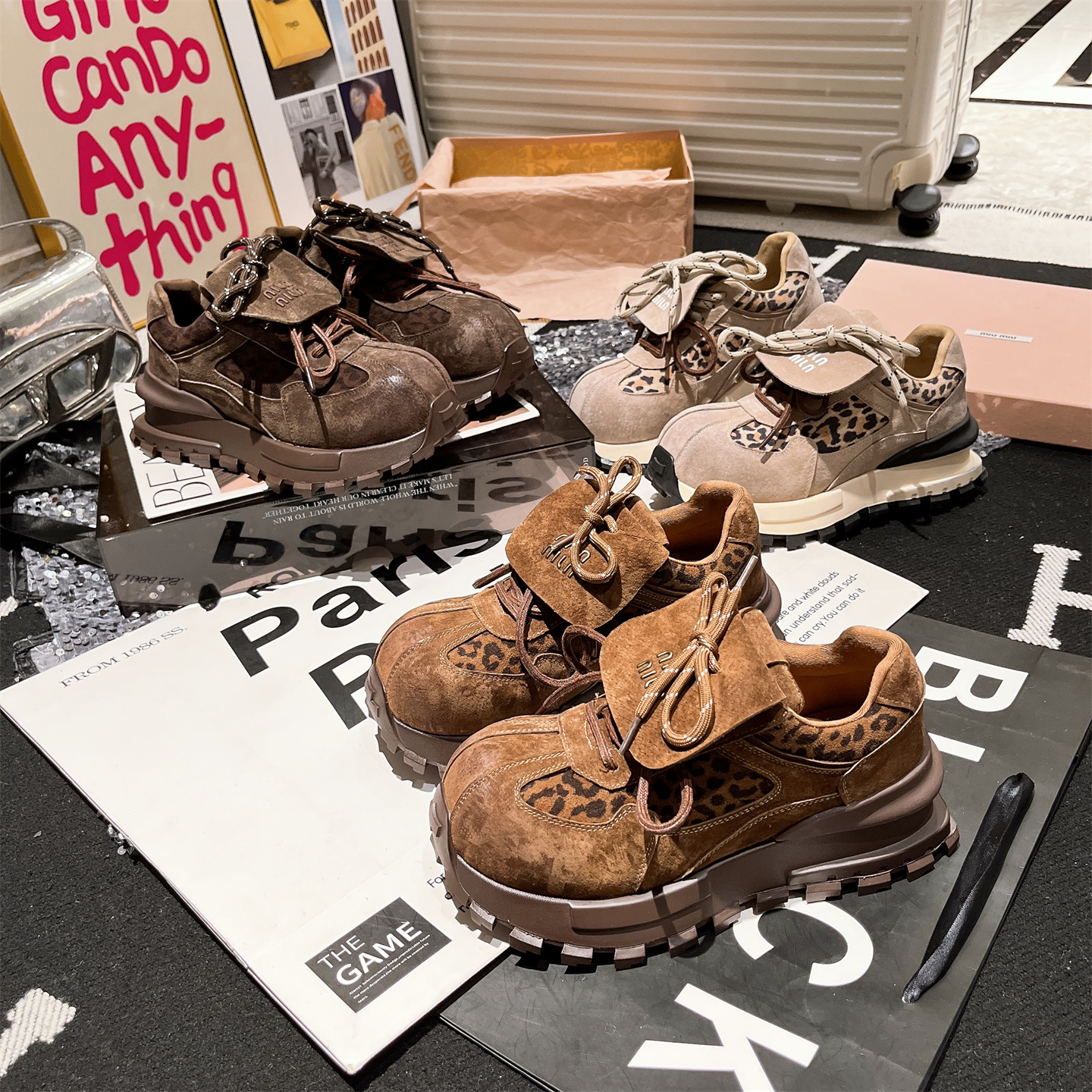 欧货新款翻领字母系带复古豹纹厚底老爹鞋百搭休闲运动鞋单鞋女鞋 - 图2