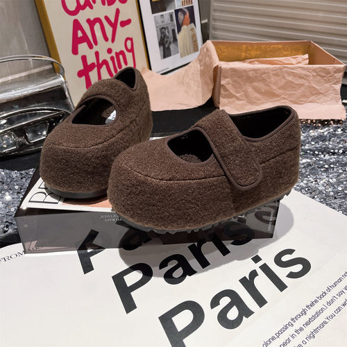 欧货新款毛呢毛毛鞋魔术贴玛丽珍鞋加绒保暖棉鞋面包鞋勃肯鞋女鞋 - 图1