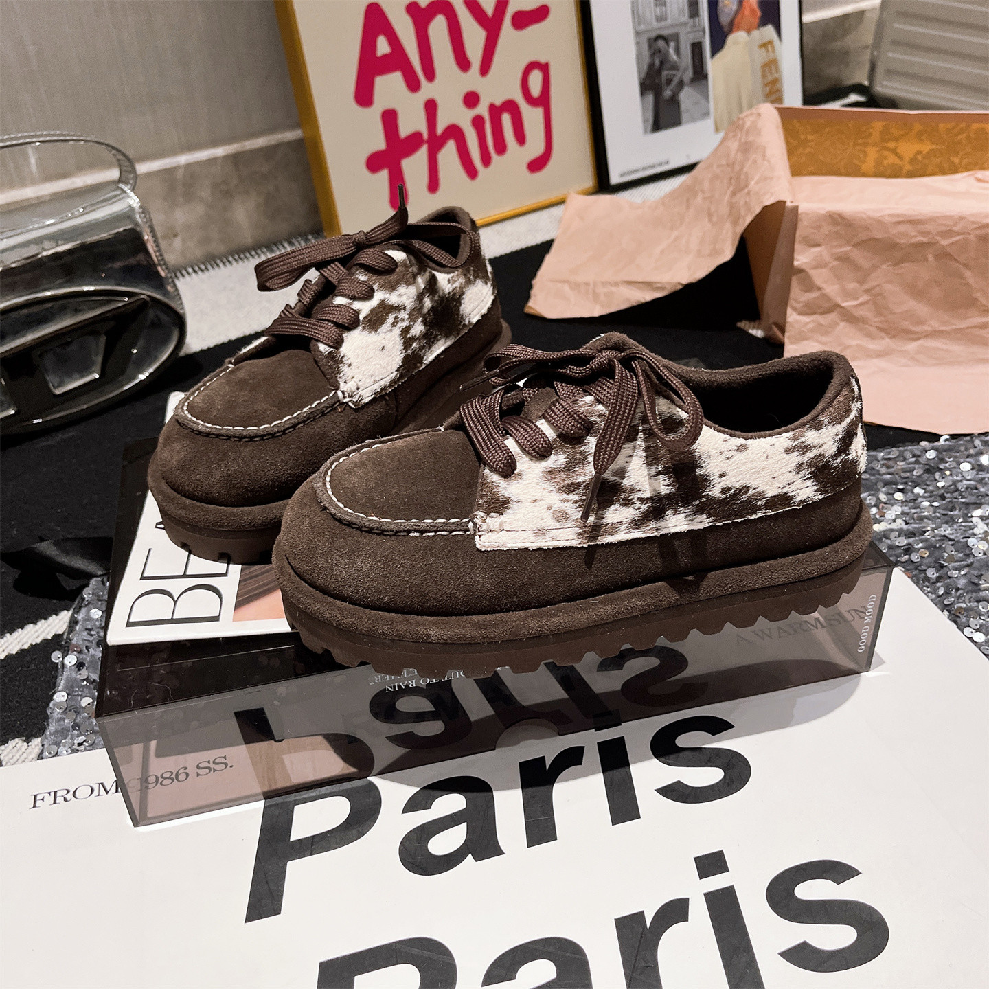 真皮马毛版~欧货系带大头豹纹休闲鞋板鞋勃肯鞋平底德训加绒女鞋 - 图3