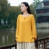 Cung điện phong cách áo khoác phụ nữ mùa xuân và mùa thu phong cách mới cotton và lanh phụ nữ retro thanh lịch siêu cổ tích Hanfu cổ tròn rời áo thun dài tay - Áo phông