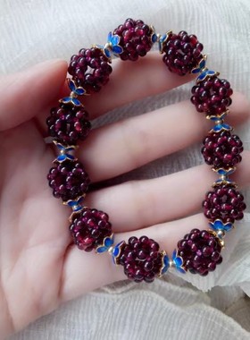 复古石榴石花球编织手链