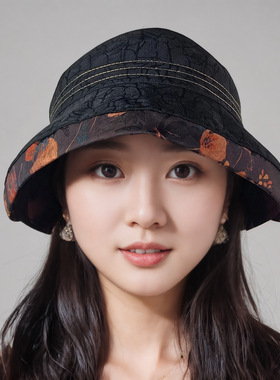 香云纱国风盆帽大檐遮阳帽子女户外气质百搭渔夫帽显脸小妈妈礼帽
