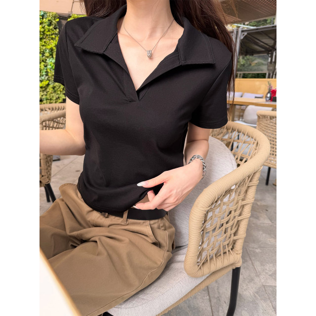 Superniniyy Gaozhi ອາວຸໂສ m1u ແບບ bookish elegant polo lapel ແອວບ່າຊື່, ເສື້ອທີເຊີດແຂນສັ້ນ