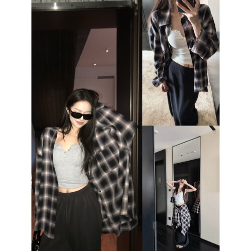 '留学生Daily life'素颜黑框的ootd宽松松弛感百搭格子衬衫外套女 - 图2