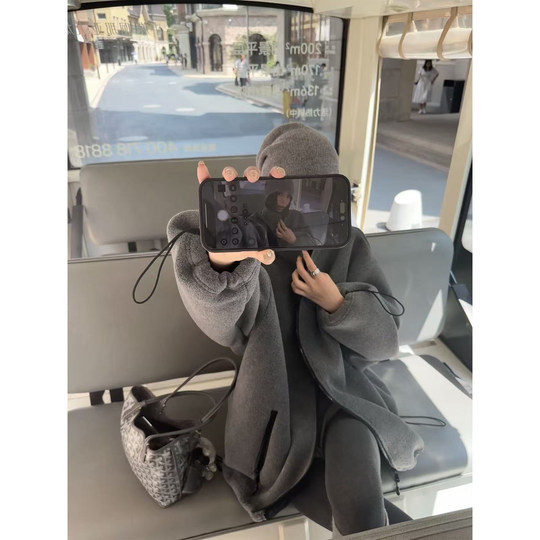 superniniyy 盐系加厚双面摇粒绒灰色宽松立领长袖拉链卫衣外套女