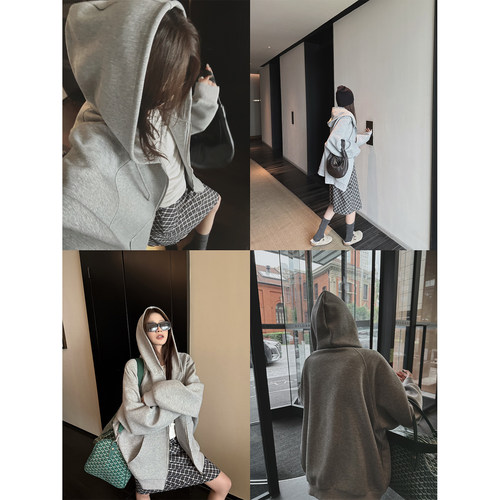 superniniyy 素颜卫衣 万能好穿的高克重复合拉链连帽卫衣外套女 - 图0