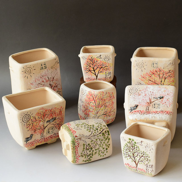 Rough pottery succulent flowerpot succulent plant flowerpot personalized creative succulent green plant potted flowerpot simple hand-painted flowerpot