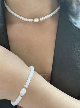 法式优雅简约仿珍珠串珠贝壳项链小金豆日常通勤锁骨链女