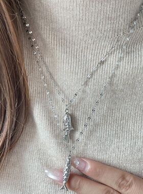 欧美钛钢沙滩风双面小鱼吊坠项链立体鱼挂件项链饰品