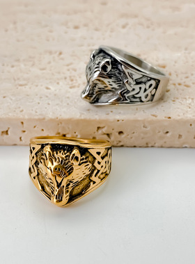 美式复古钛钢维京狼头男士戒